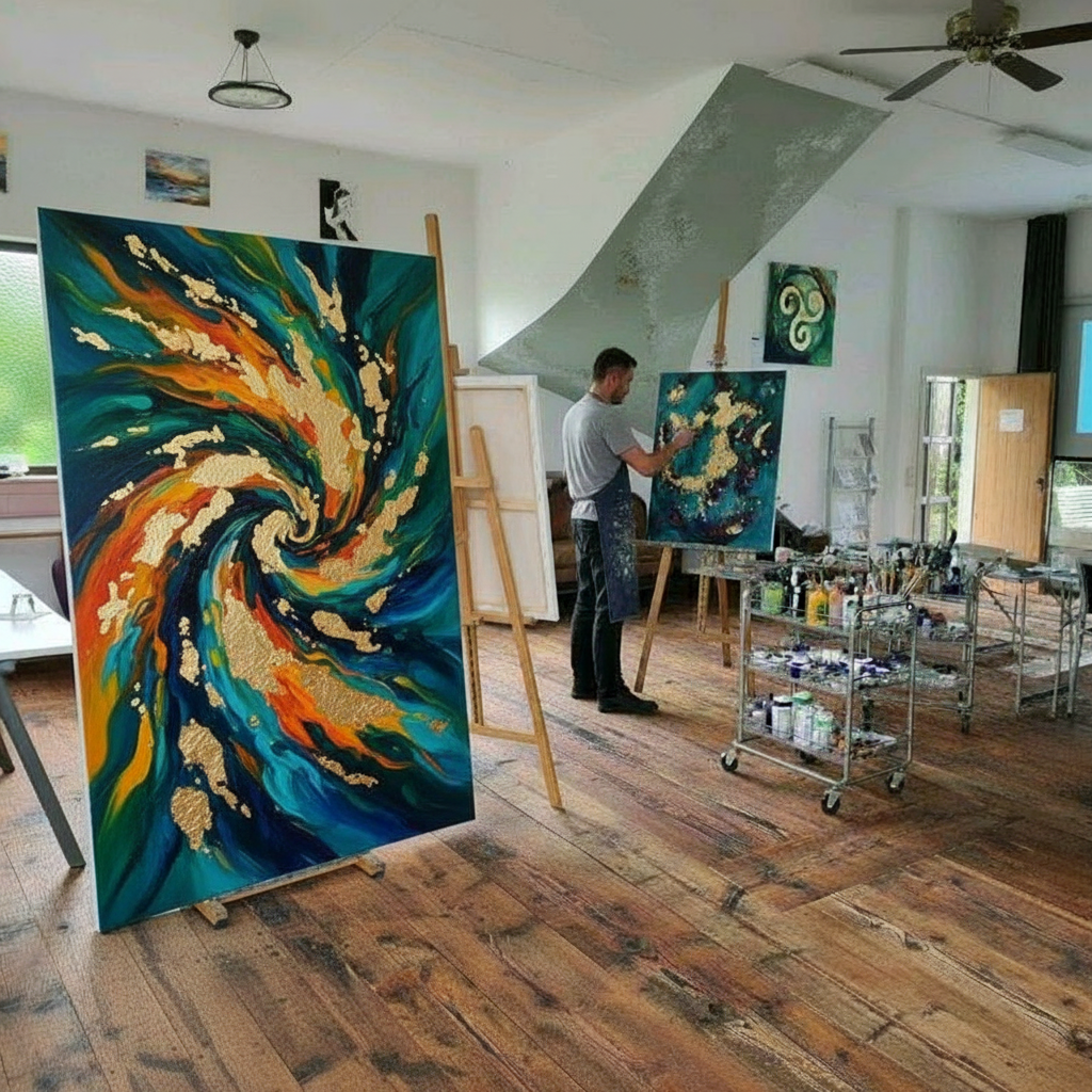 Ein Mann malt ein abstraktes, farbenfrohes Gemälde in einem Atelier mit Holzfußboden und großen Fenstern.